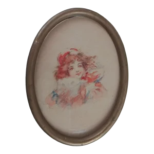 Small Victorian Watercolor Portrait Painting of Young Girl