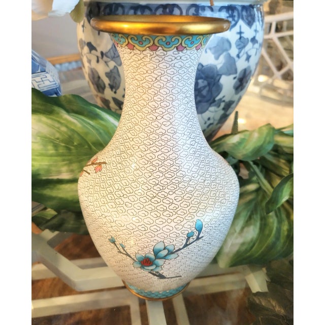 Vintage Cloisonne Cherry Blossom Brass Chinoiserie Flower Vase For Sale - Image 4 of 8