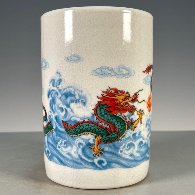Dragon & Wave Crackle Glaze Porcelain Brush Pot For Sale - Image 9 of 9