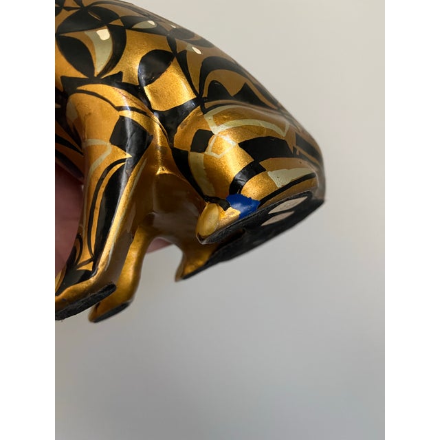 1980s Modernist Sitting Golden Cat Sculpture - Hand Painted Gilt Gold With Blue Glass Eyes For Sale - Image 9 of 10