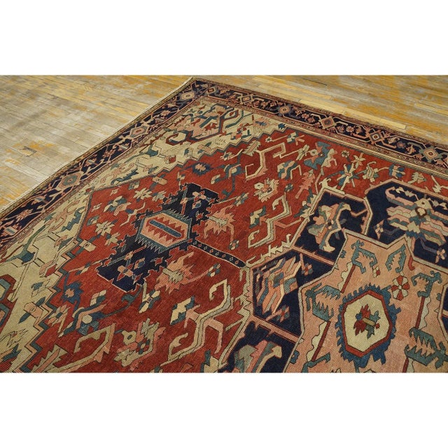 Red 1880s Square Antique Red Geometric Anchor Medallion Persian Serapi Rug For Sale - Image 8 of 9