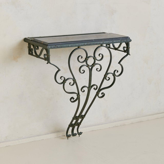 Traditional French Verdigris Bronze + Black Marble Wall-Mounted Console, 1940s For Sale - Image 3 of 9