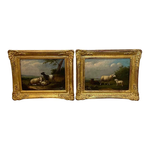 Antique Belgian Sheep Paintings Pair, Franz Van Severdonck Oil on Panel Pastoral Farm Scenes For Sale