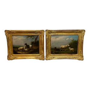Antique Belgian Sheep Paintings Pair, Franz Van Severdonck Oil on Panel Pastoral Farm Scenes
