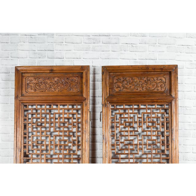 Chinese 19th Century Screens with Fretwork and Low-Relief Carved Panels - A Pair For Sale - Image 11 of 12