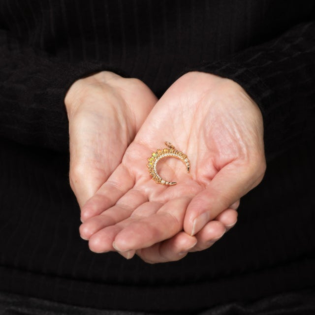 Opal Diamond Crescent Moon Pendant 14k Gold Celestial Jewelry Estate Fine For Sale - Image 4 of 4