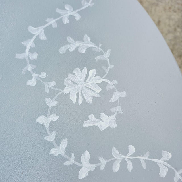 Vintage Paint Decorated Light Blue-Gray Oak Spool Bobbin Leg Oval Coffee Table Side Table For Sale - Image 4 of 9