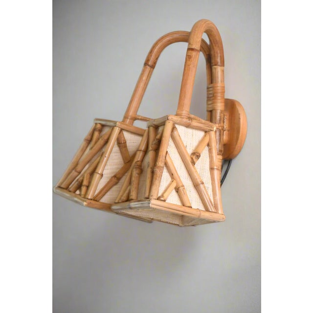 Wood Double Bamboo and Bent Rattan Wall Sconce Chippendale Pattern Shade For Sale - Image 7 of 9