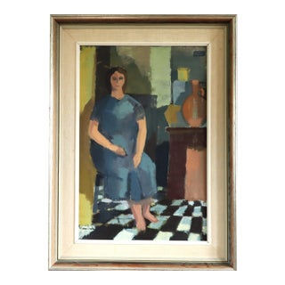 Mid-Century Modern 'Presence in Blue' Swedish Original Figurative Interior Oil Painting, Framed For Sale