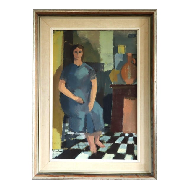 Mid-Century Modern 'Presence in Blue' Swedish Original Figurative Interior Oil Painting, Framed For Sale