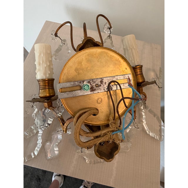 Vintage French Style Brass & Crystal Two-Light Wall Sconces - a Pair For Sale - Image 4 of 4