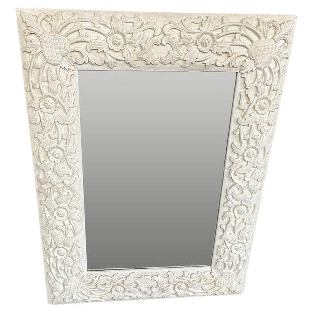 Fun, hand carved wood framed mirror. Full dimensions; 52" x 39.5" x frame 8.5" wide x mirror 35.5 x 23.5" x 1.5″ thick....