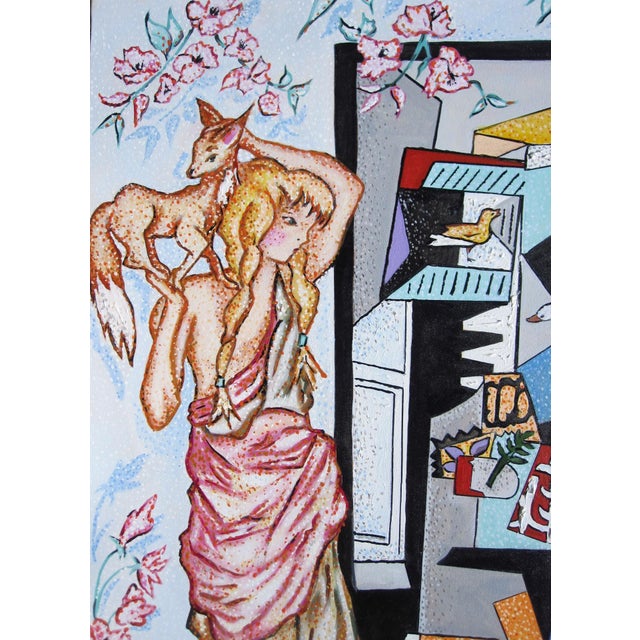 This oil on canvas work presents a vibrant interior scene filled with abstract shapes and a dynamic composition. A figure...