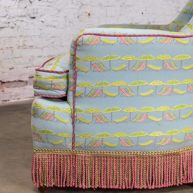 Mid-20th Century Traditional Art Deco Club or Lounge Chair Upholstered W/Beachy Fabric & Bullion Fringe For Sale - Image 9 of 18