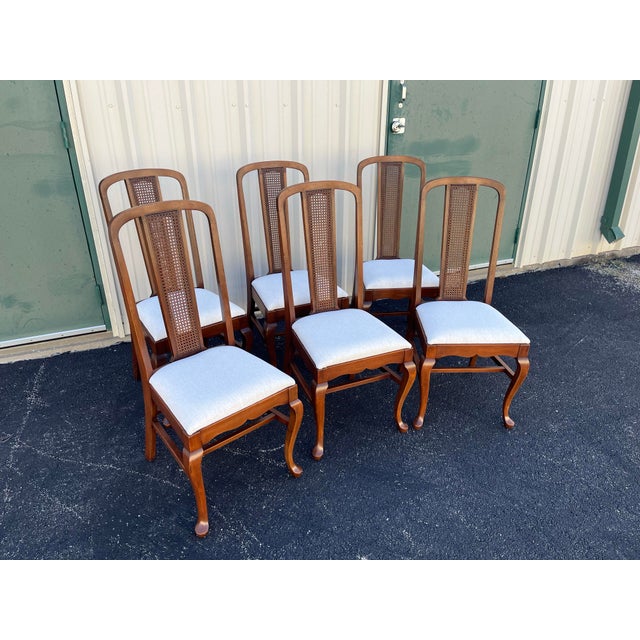 Wood Early 1900's Walnut Cane Back Dining Chairs- Set of 6- Newly Reupholstered For Sale - Image 7 of 12