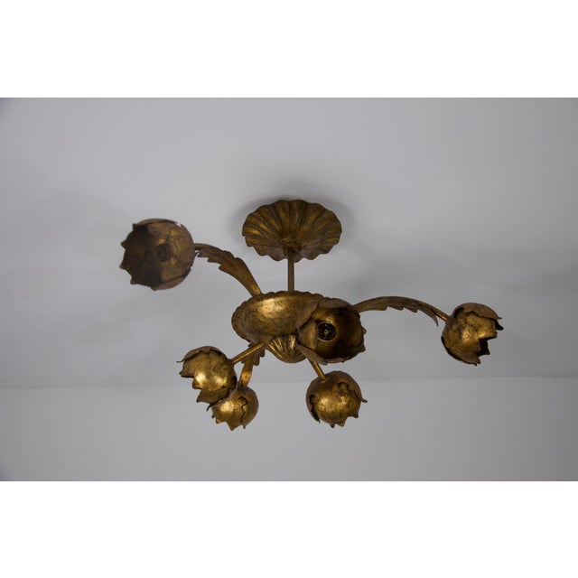 Florentine Large Golden Florentine Flower Shape Ceiling Lamp, Italy, 1970s For Sale - Image 4 of 10