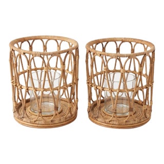 Pair of Vintage Mid-Century Boho Woven Rattan & Glass Hurricane Candle Holders For Sale