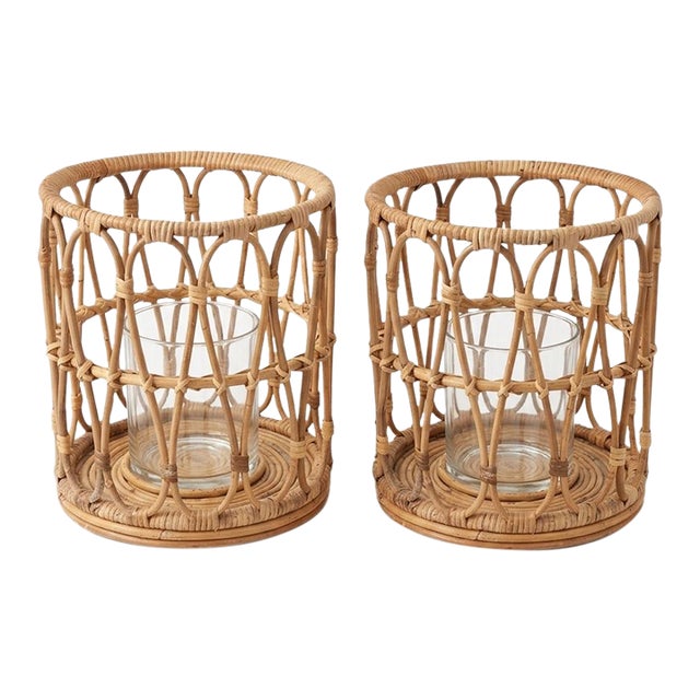Pair of Vintage Mid-Century Boho Woven Rattan & Glass Hurricane Candle Holders For Sale