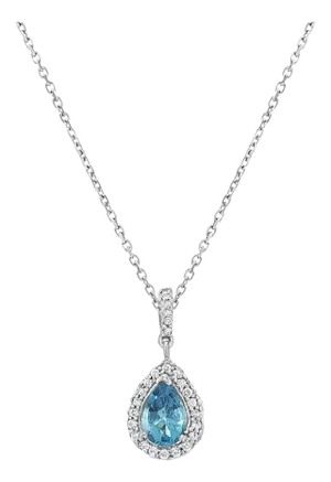 Ocean Blue Topaz Teardrop Diamond Pendant .37cttw 14k White Gold 16"