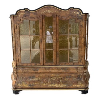 1970s Hand Painted Gold Leaf Chinoiserie Vitrine Burl Wood Display Cabinet For Sale