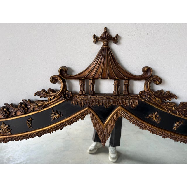 Vintage Palm Beach Chinoiserie Pagoda Overmantel Wall Mirror With Gilt & Black Lacquer Frame Description For Sale - Image 4 of 13