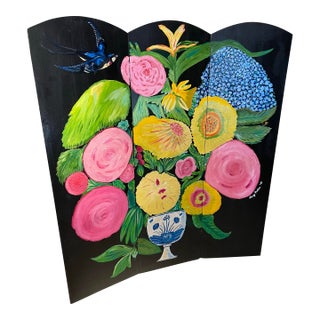 Original Hand-Painted Folding Screen by Stacey Porter – Floral Still Life With Bird – Black Ground Decorative Panel For Sale