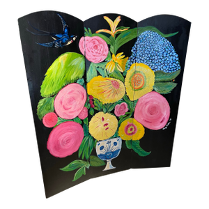 Original Hand-Painted Folding Screen by Stacey Porter – Floral Still Life With Bird – Black Ground Decorative Panel