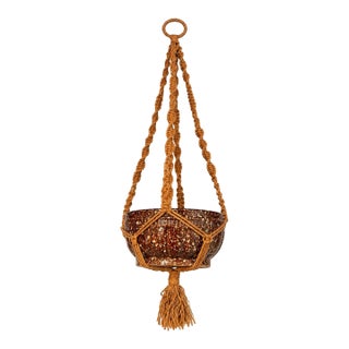 Vintage Brown Macramé Hanging Plant Holder With Tassel For Sale