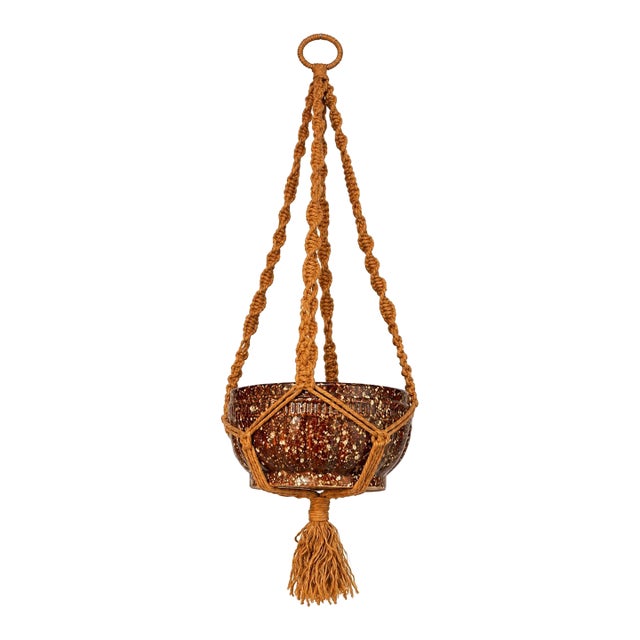 Vintage Brown Macramé Hanging Plant Holder With Tassel For Sale
