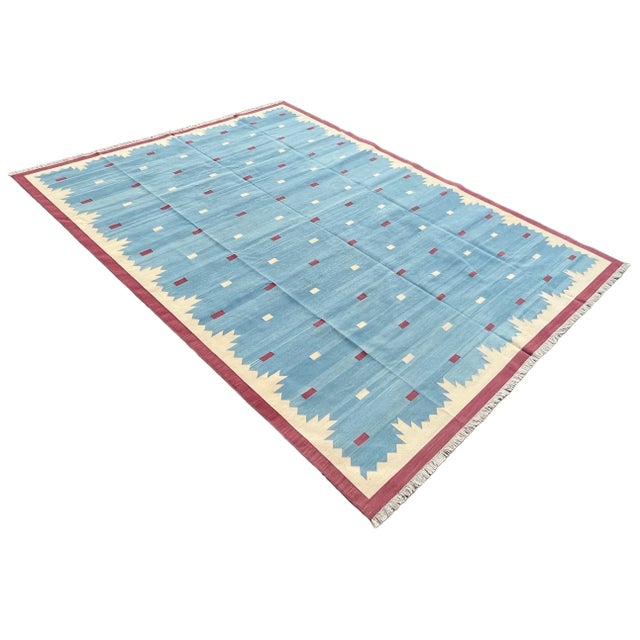 Sky Blue Handmade Cotton Star Pattern Rug, Sky Blue, Raspberry Pink and Cream 8'x10' For Sale - Image 8 of 8