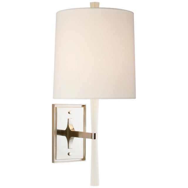 Barbara Barry for Visual Comfort Signature Refined Rib Sconce in China White & Polished Nickel with Linen Shade For Sale