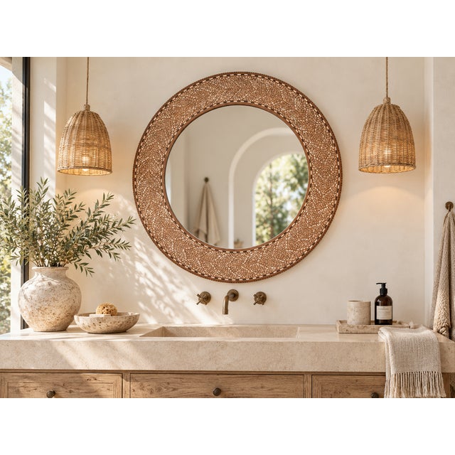 At 48 inches across, this is a mirror that holds a whole wall. The wide frame is stained a deep walnut and covered edge to...