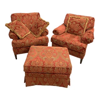 Highland House Red Brocade Chair Set With Ottoman and Pillows For Sale