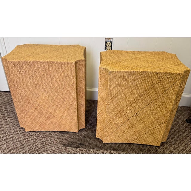 Retail Cost $2991 per table Showroom Samples- great condition. Baker McGuire Woven Cane Mesa Accent Table Clear Coat...