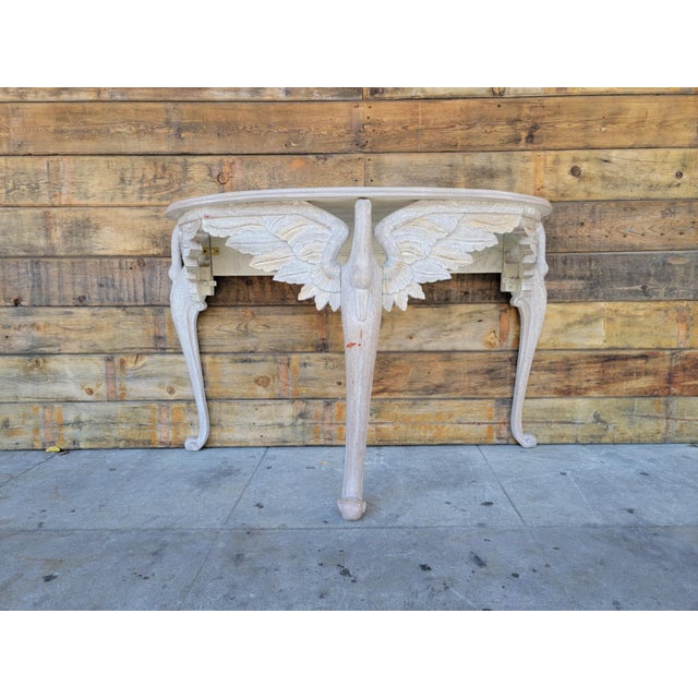 1980s Modern Carved Wood Demi Lune Console Table With Round Wall Mirror For Sale - Image 4 of 18