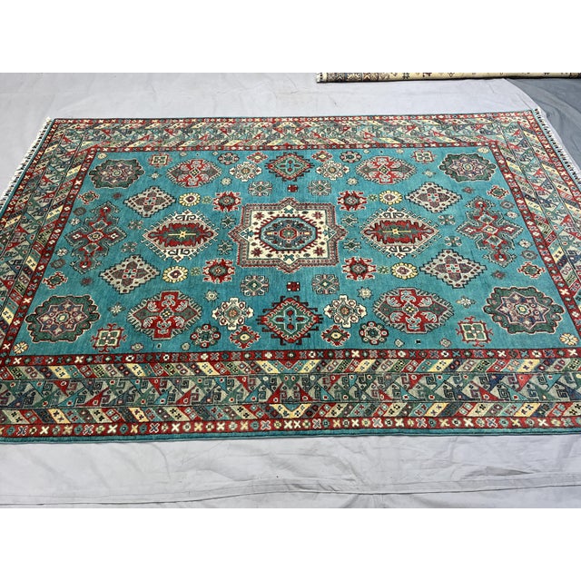 2000 - 2009 Turquoise and Red Kazak Wool Area Rug With Tribal Motifs, 6'7" X 9'8" For Sale - Image 5 of 16
