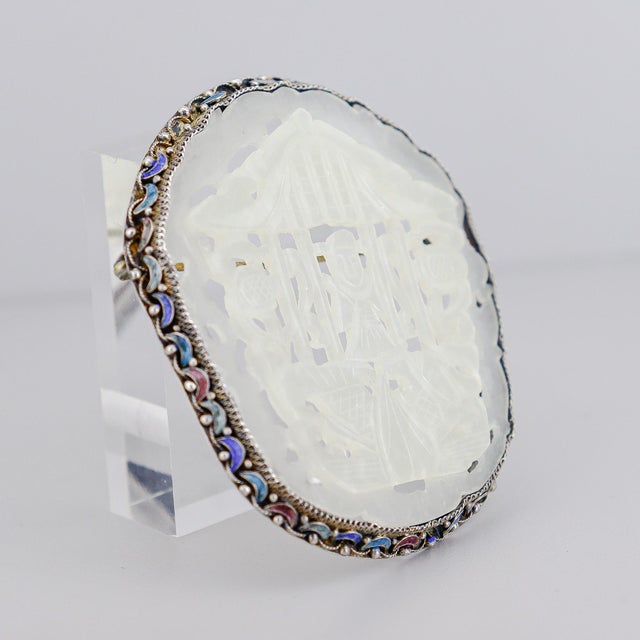 Late 20th Century Vintage Chinese Silver, Carved Jade, and Enamel Brooch For Sale - Image 5 of 16