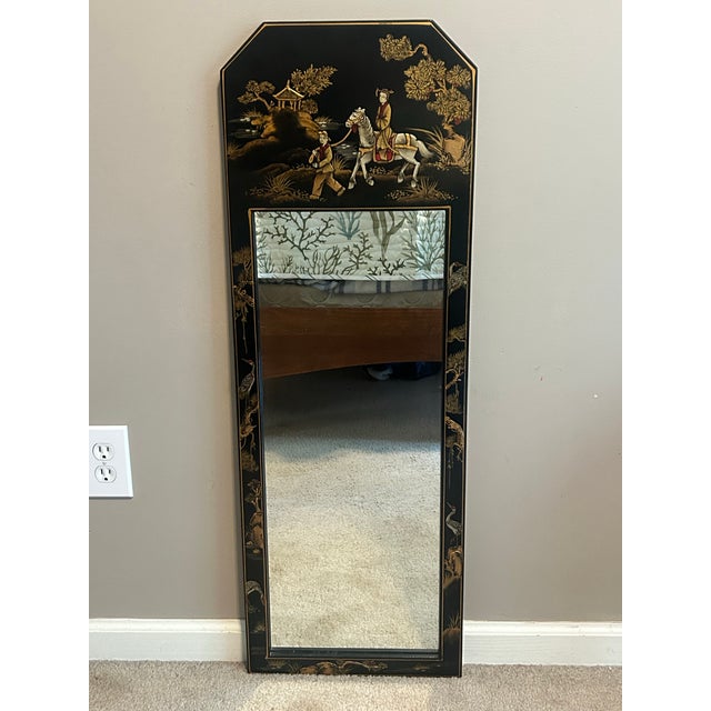Elevate your entryway, bedroom, or living space with this striking vintage mid-century Chinoiserie wall mirror,...