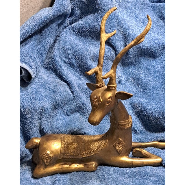 Hollywood Regency 2 Brass Ornate Large Deer Statues Figurines For Sale - Image 11 of 12