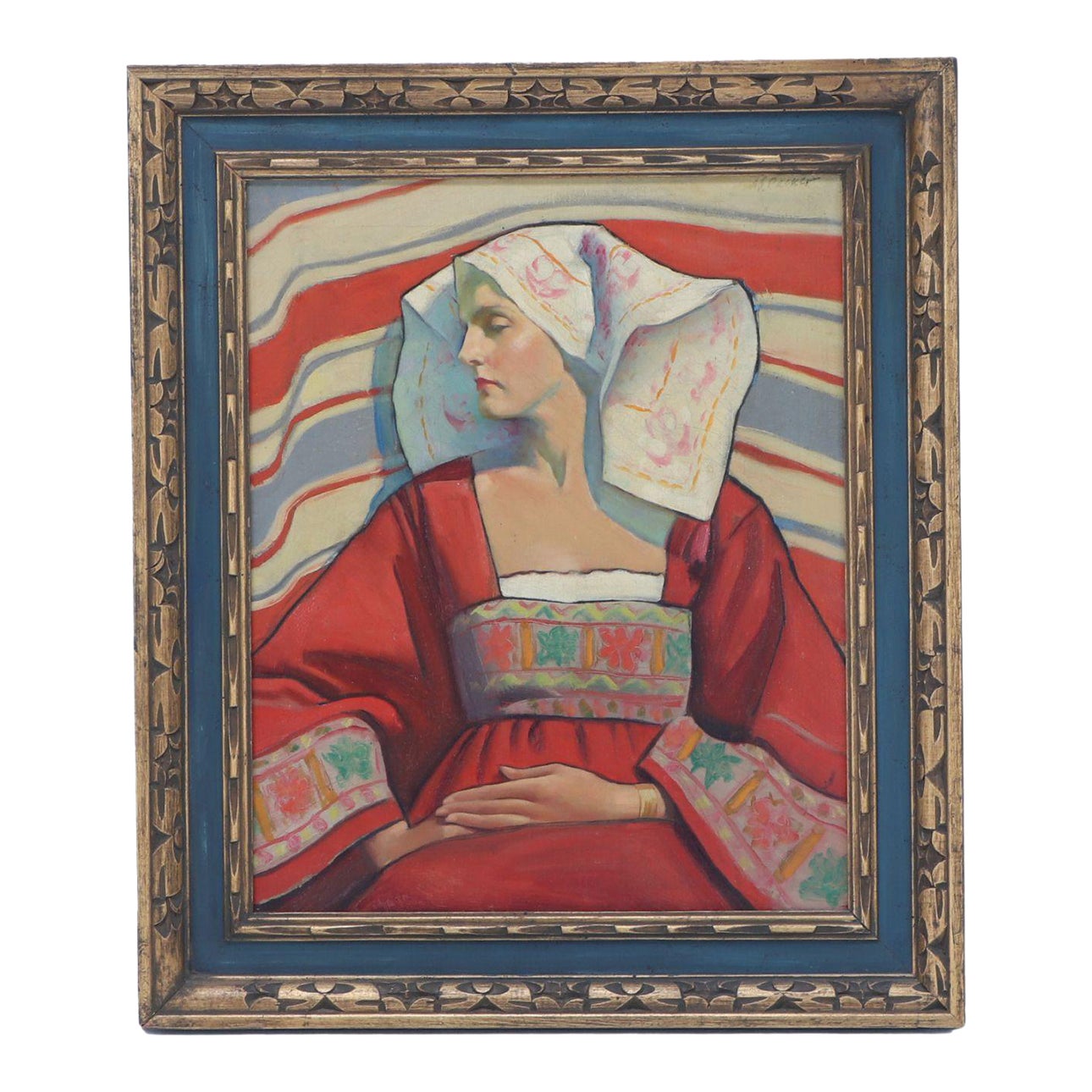 Early 20th Century Portrait Oil Painting of a Woman in Traditional Folk ...