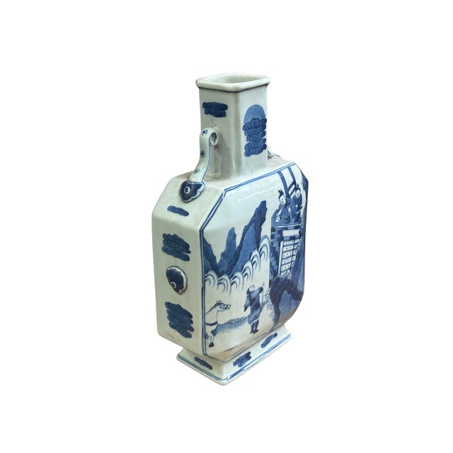 Chinese Blue White Porcelain Hexagonal Figural Graphic Art Vase For Sale - Image 4 of 15