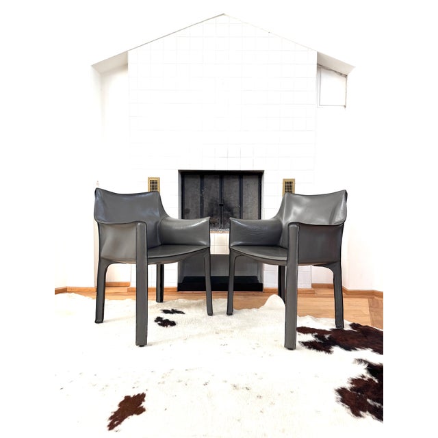 Mid-Century Modern 1980s Pair of Two 70s Cassina Cab 413 Armchairs Mario Bellini Elephant Grey / Gray For Sale - Image 3 of 11