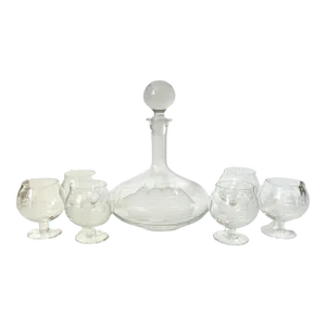 Vintage Brandy Decanter With Stopper and Snifters With Etched Clipper Ship- 7 Pieces