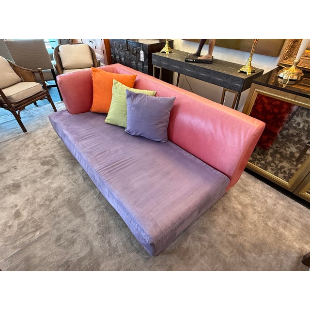 Mid-Century Modern Lavender Micro-Suede + Rose Pink Leather Chaise Sofa For Sale - Image 3 of 12