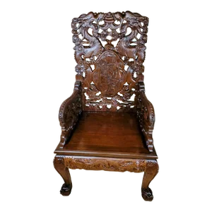 Late 19th Century Antique Chinoiserie Intricately Hand Carved Solid Rosewood Throne Chair