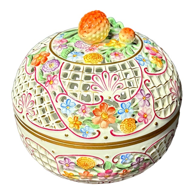 Mid 20th Century Herend Hand-Painted Pierced Porcelain Covered Box With Floral Decoration For Sale