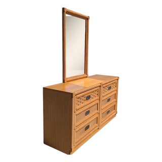 Vintage Dixie Rattan and Wood Six-Drawer Dresser With Mirror 1960s For Sale
