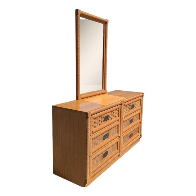 Vintage Dixie Rattan and Wood Six-Drawer Dresser With Mirror 1960s For Sale