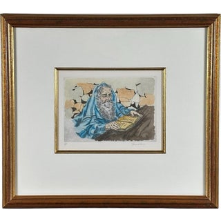 Vintage Hand Colored Judaica Etching Praying Rabbi Artist Proof by David Hendler Framed For Sale