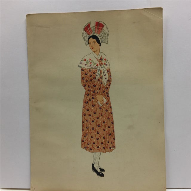 This marvelous print is from an antique book from the 1930s on European folk costume. Costume of a woman. Paper is mildly...